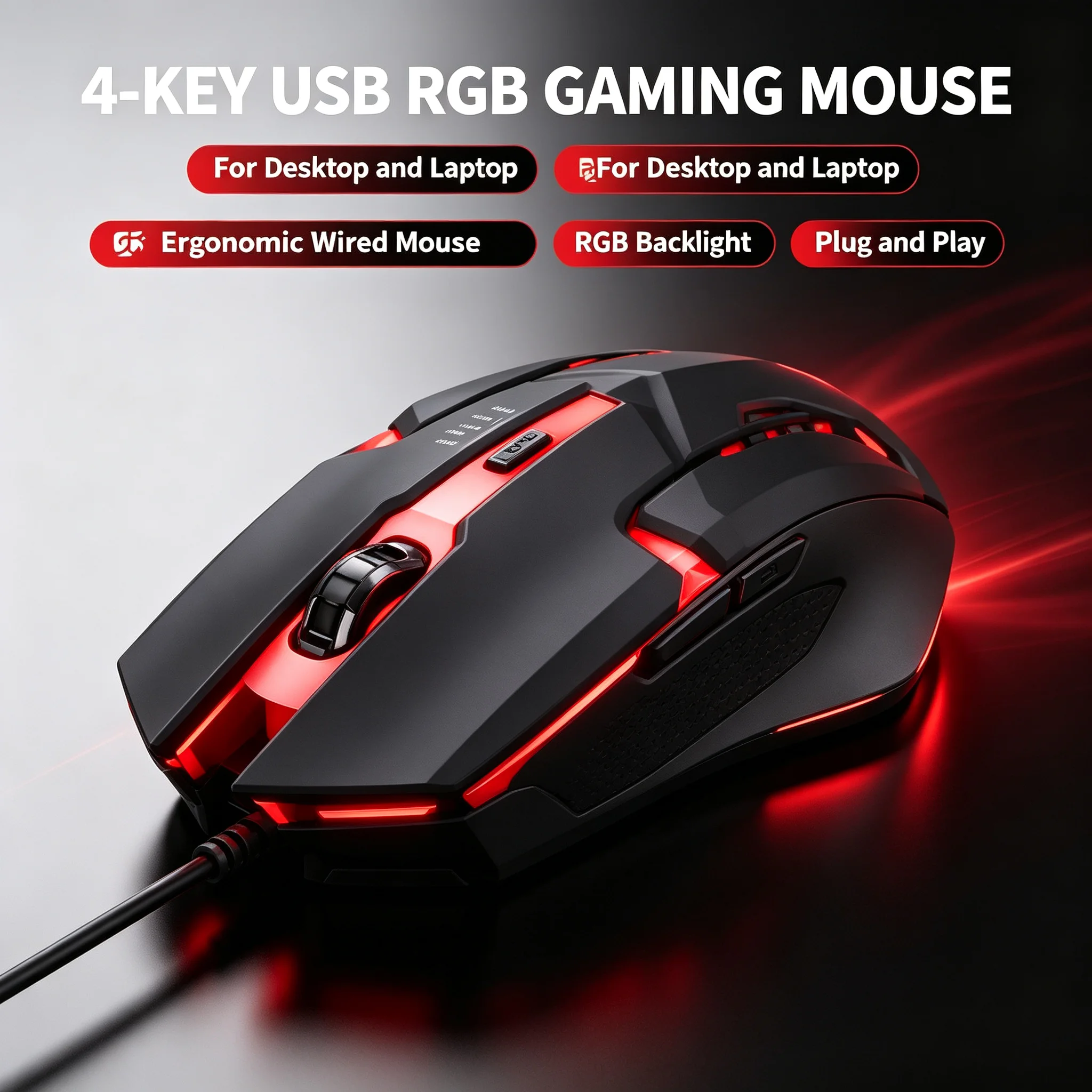 Laptop Mouse - 最新の高品質エルゴノミックゲーミングマウス。デスクトップPCやノートPCに最適。4ボタン、USB接続、RGBバックライト搭載。
